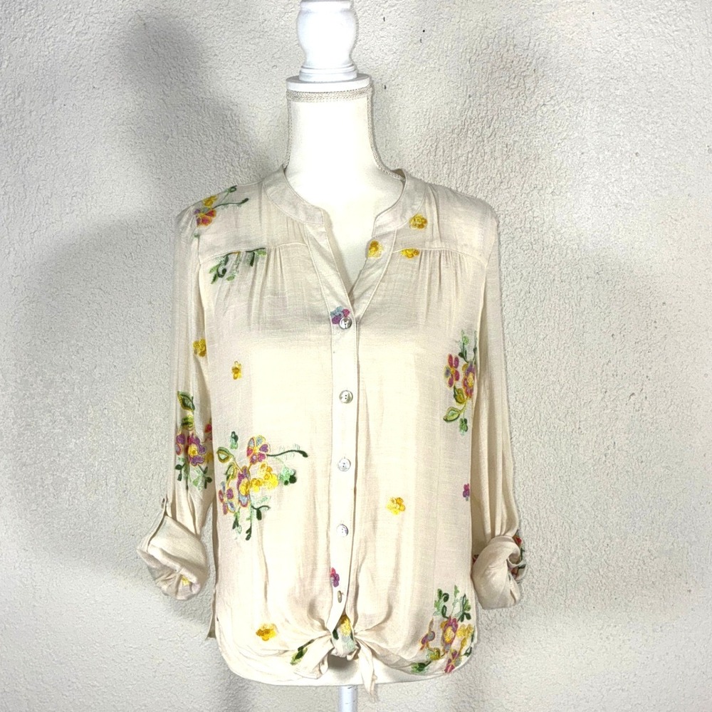 Figueroa & Flower Floral Embroidered Tie Front Blouse Beige Petite Large PL